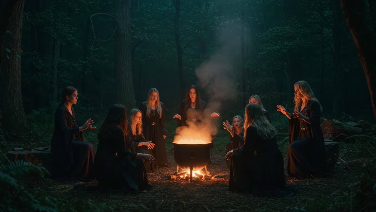 A Group of Enigmatic Figures Gather in a Mysterious Forest, Channeling Energy Around a Cauldron, Creating an Enchanting Atmosphere of Intrigue and Ritual