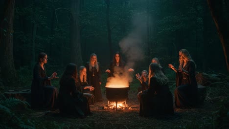 A Group of Enigmatic Figures Gather in a Mysterious Forest, Channeling Energy Around a Cauldron, Creating an Enchanting Atmosphere of Intrigue and Ritual