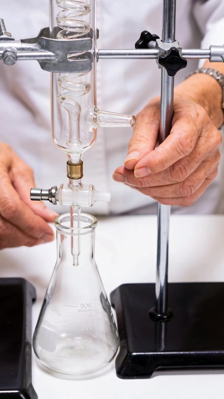 Vertical video: Aligning condenser, hands in lab coat fitting connector to adapter on bench sealing