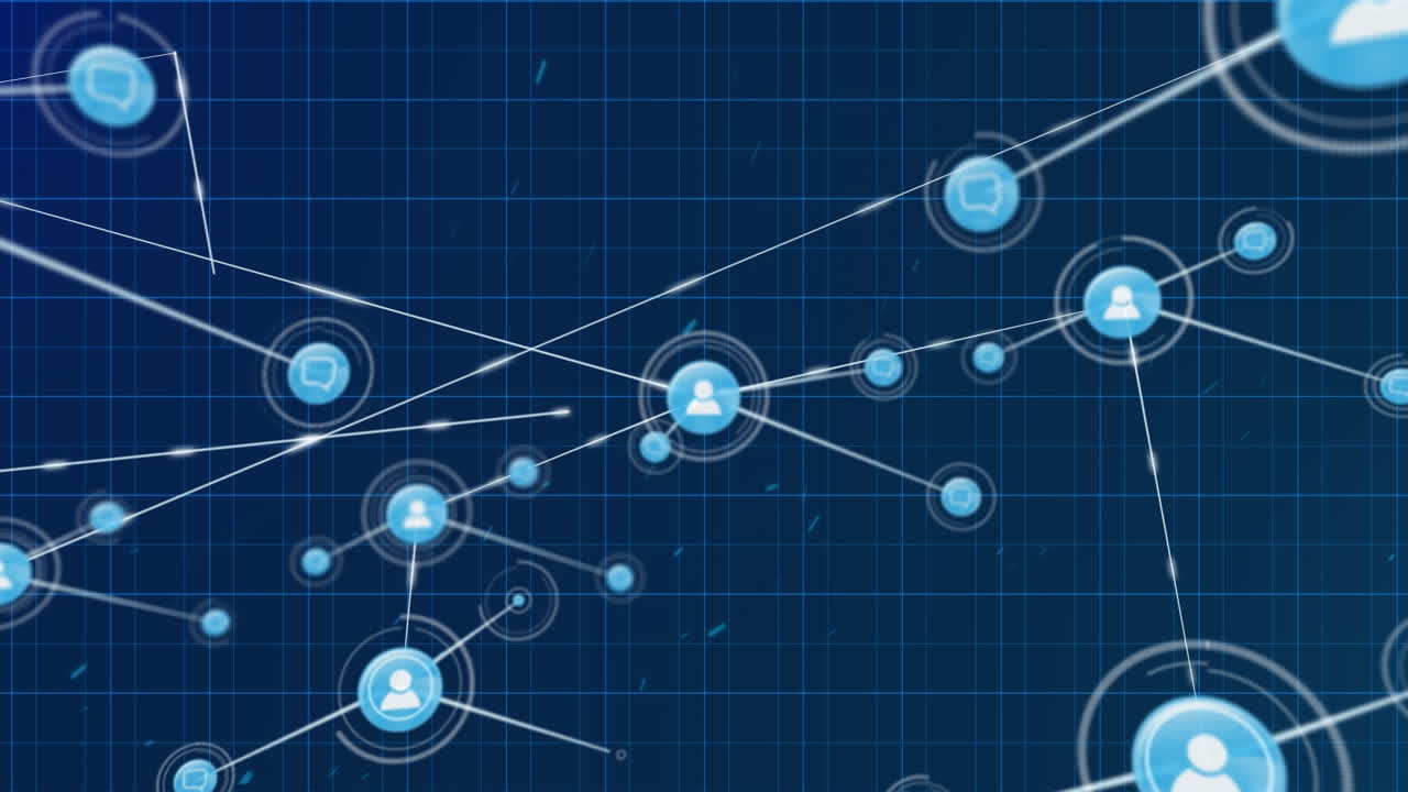 animación de la red de iconos de perfil sobre la red de cuadrícula contra un fondo azul