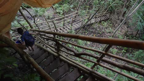 girl walking down wooden stairs in the jungle of southeast asia