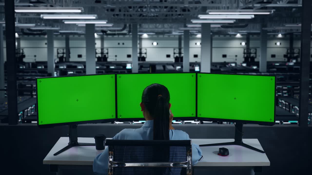 데이터 센터에서 여러 컴퓨터 모니터를 모의로 작업하는 동안 휴대 전화로 대화하는 아시아 여성의 뒷면