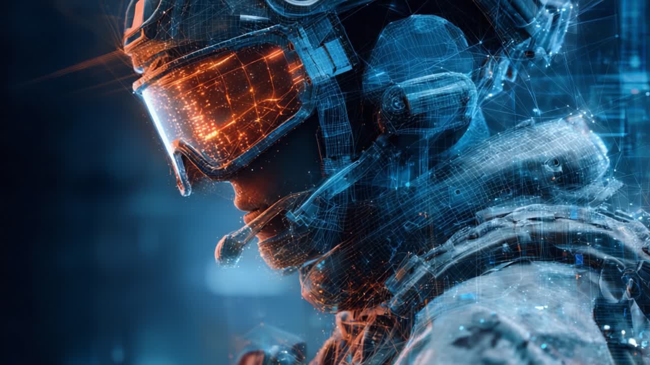 Soldato Futuristico con Elmetto High-Tech e Visore a Realtà Aumentata Circondato da Flusso di Dati Digitali e Miglioramenti Cibernetici