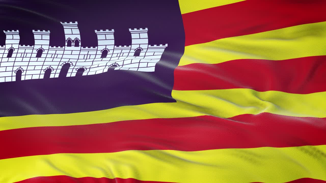 islas baleares (comunidad autónoma en españa) bandera ondeando en el viento con textura de tela muy detallada. bucle sin costuras