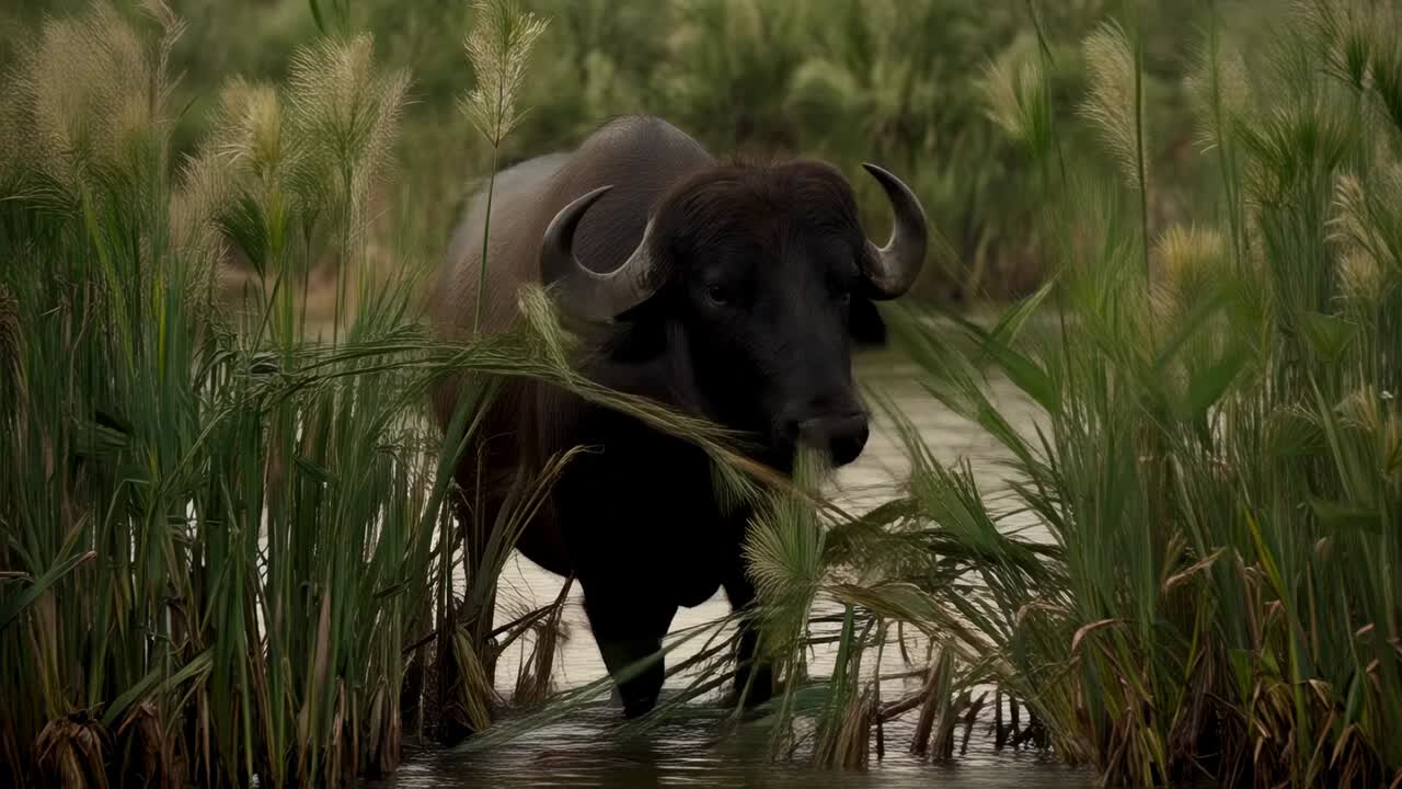 Attraversando alte canne palustri, grandi bufali selvatici che si immergono in un canale poco profondo, creando increspature