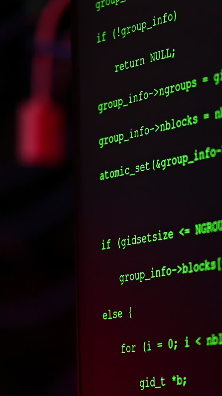 Close up of code on a screen in a server room with flashing red lights. Vertical