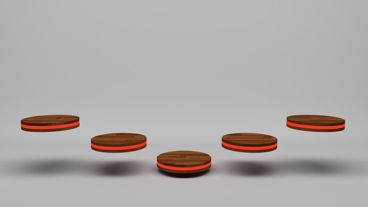 목조 제품 스탠드: 공허한 디스플레이에 퓨처리스틱 또는 포디움 피데스텔, 색 배경으로 박이는 빛이 성장합니다. 3d 렌더링, 원활한 루프.