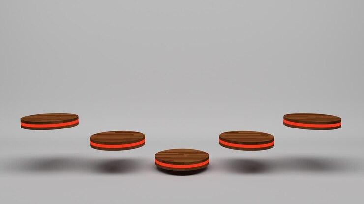 Wooden product stand futuristic or podium pedestal on empty display growing flashing light with white backdrops. 3D rendering. seamless loop.