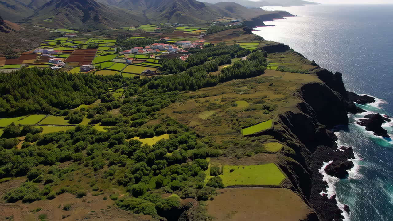 Aerial View of Volcanic Coastline with Farmland and Village