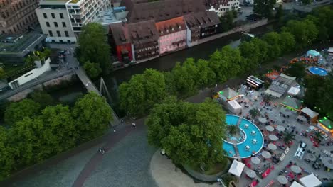 4K Aerial Drone Video of City-Beach along the Pegnitz River in Downtown Nurnberg, Germany