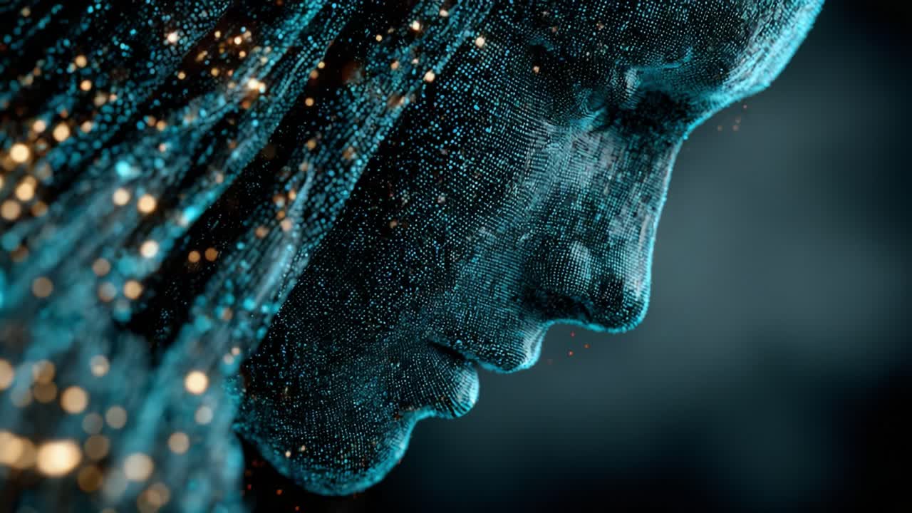 Advanced artificial intelligence represented by a digital human face composed of particles, signifying concepts like big data, machine learning, deepfake technology, and the future of biometrics
