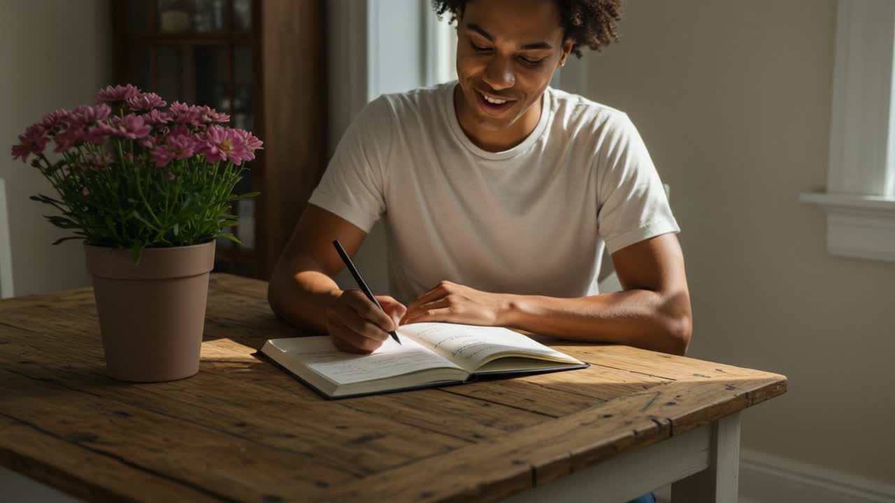 A Young Man Enjoys the Creative Process While Writing in His Notebook at a Sunlit Table Surrounded by Flowers, Capturing a Moment of Inspiration and Joy