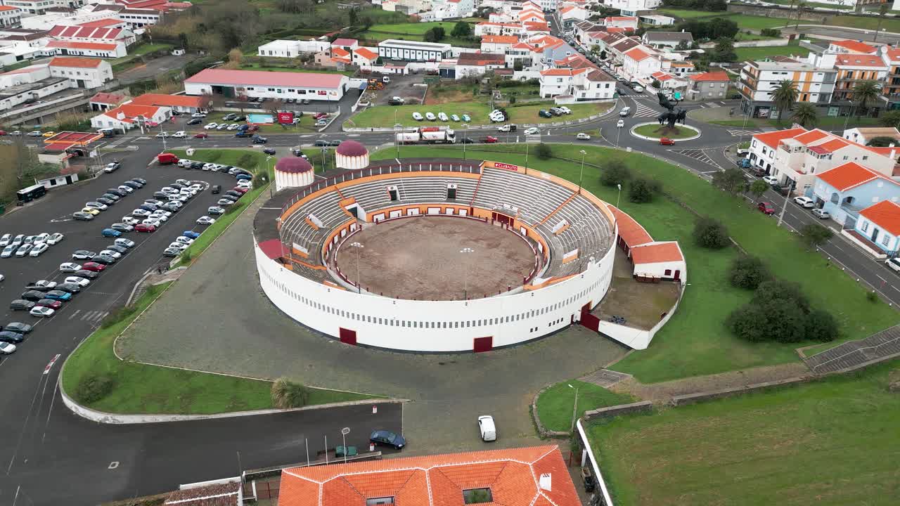 Aerial orbit around Terceira Island Bullring in Angra do Heroismo, Azores
