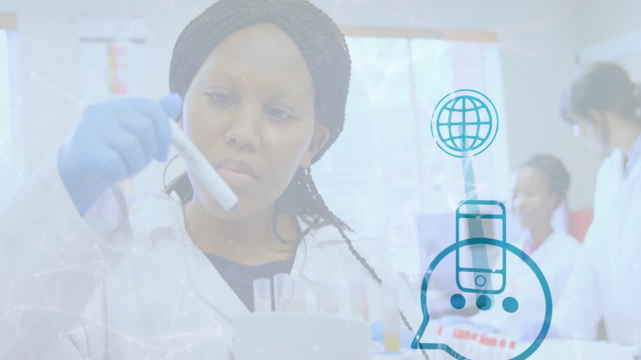 In laboratory, scientist examining test tube with animation of digital icons