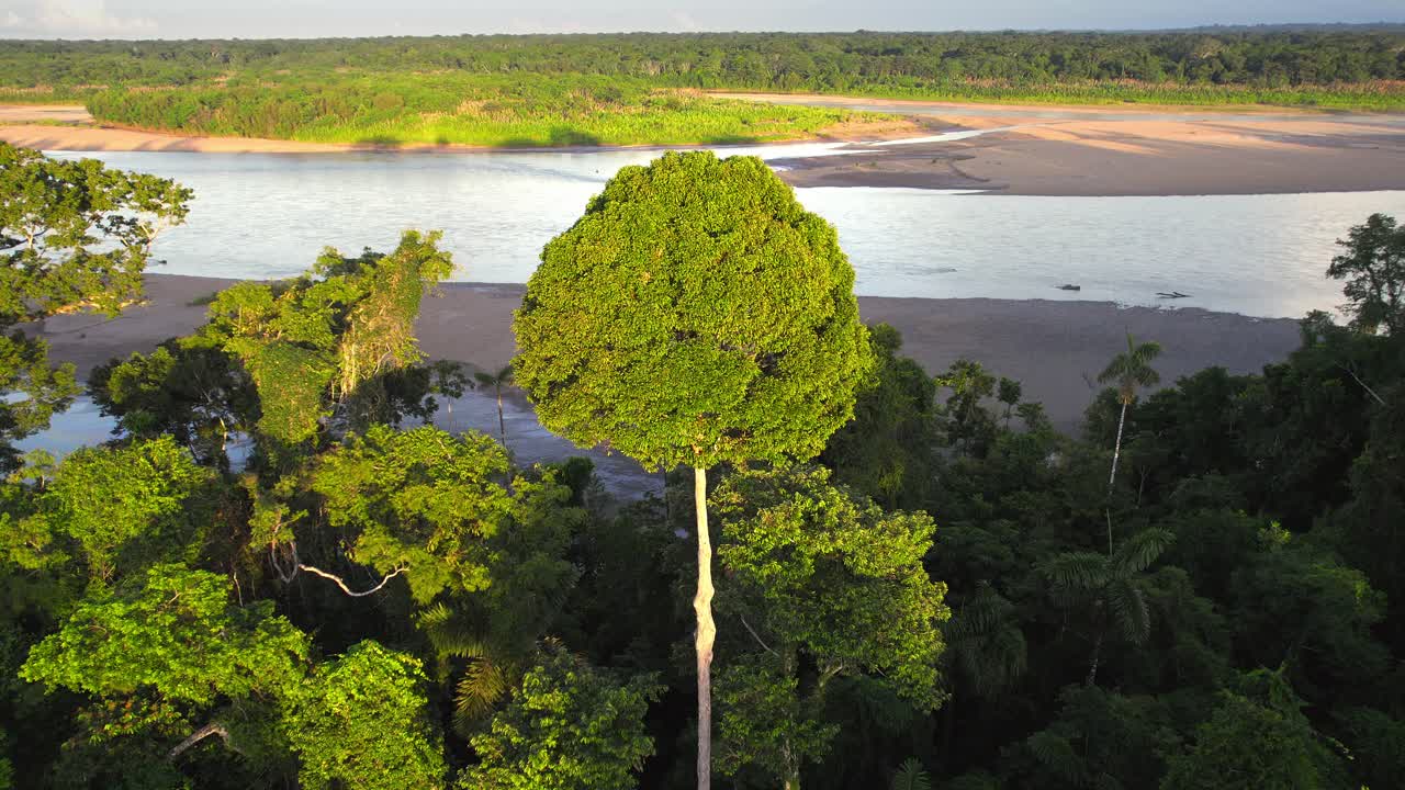 Aerial shot captures the grandeur of the Amazon River and the dense Peruvian jungle surrounding it.