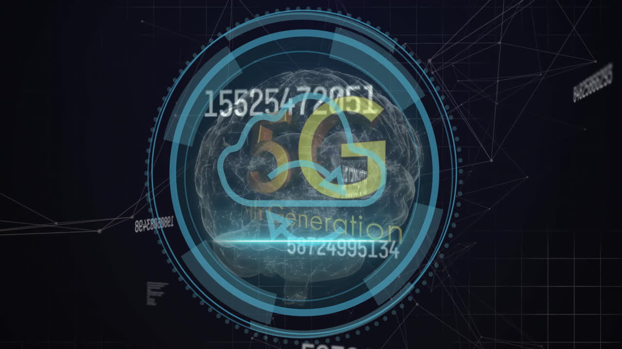 animación del procesamiento de datos a través del cerebro digital con 5g y conexiones en fondo negro
