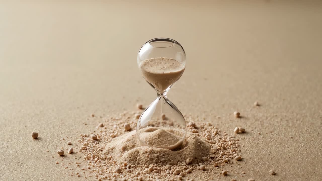 Starting transparent glass hourglass releasing beige sand on studio tabletop, with cone sand mound