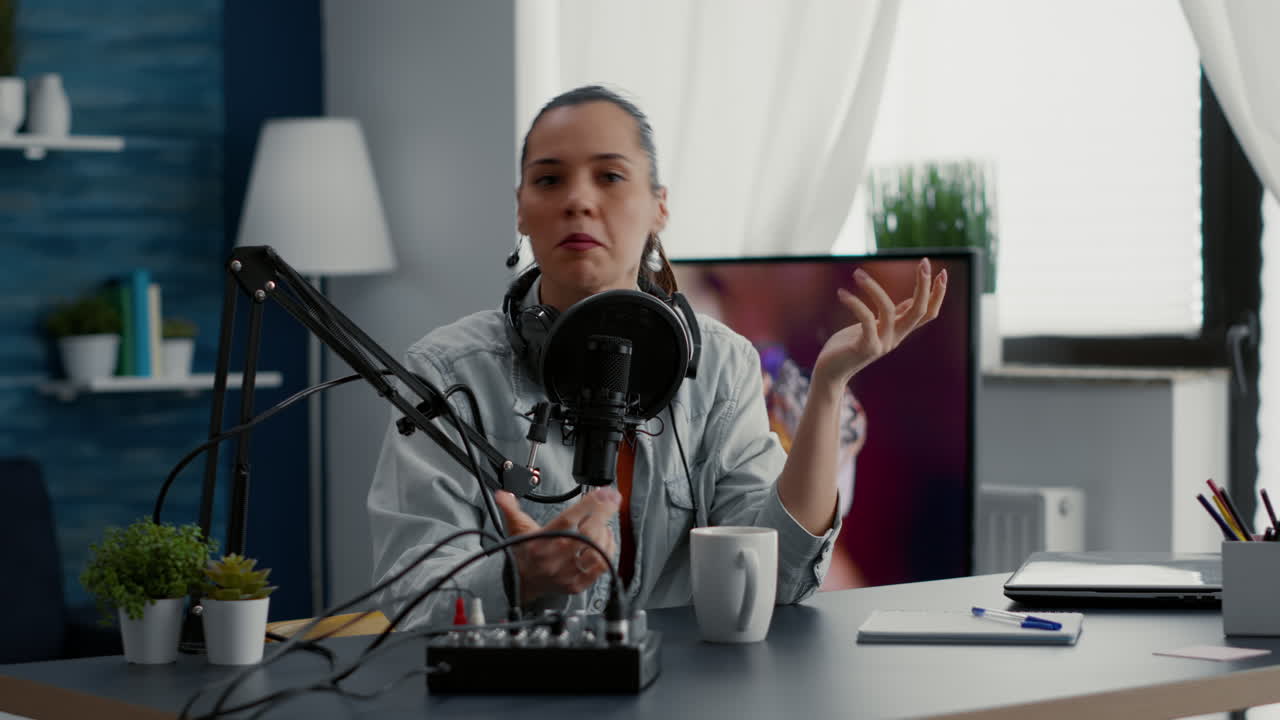 Populær influencer justerer knapper på en audiokontrolpult, mens vedkommende filmer en vlog