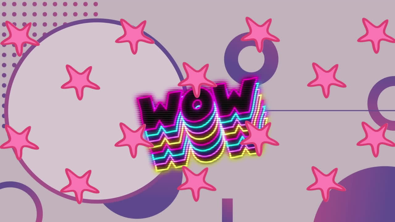 Animazione di forme in movimento sopra il testo "wow"