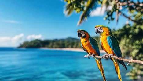 vibrant macaws perched above a tropical beach and ocean