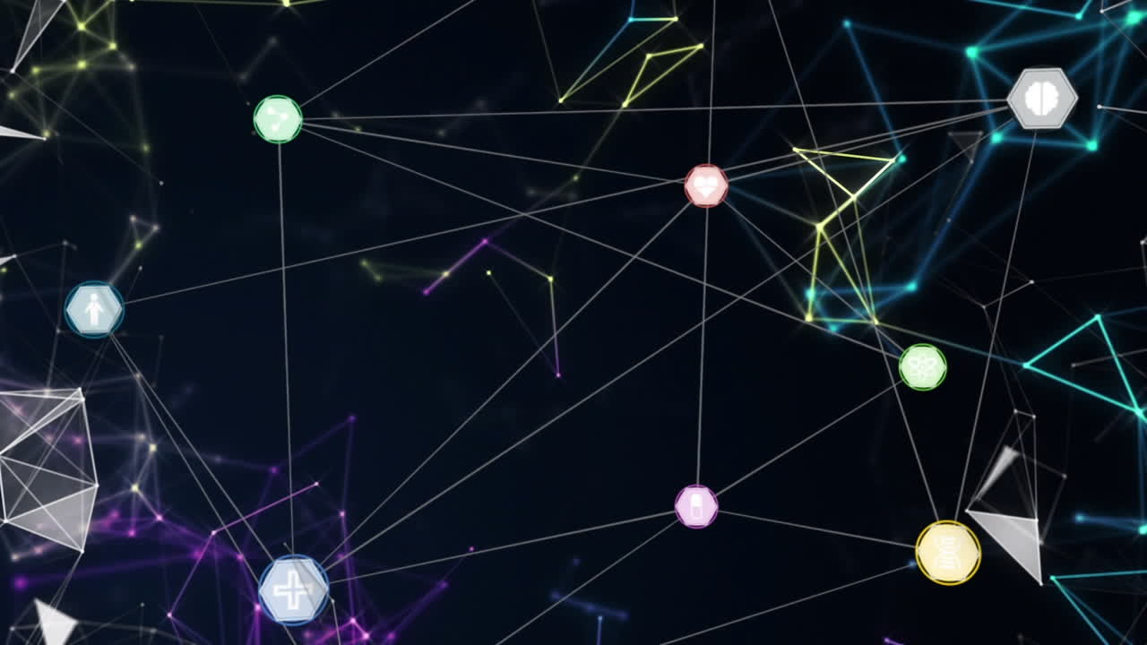 animación de redes de conexiones con iconos sobre fondo negro
