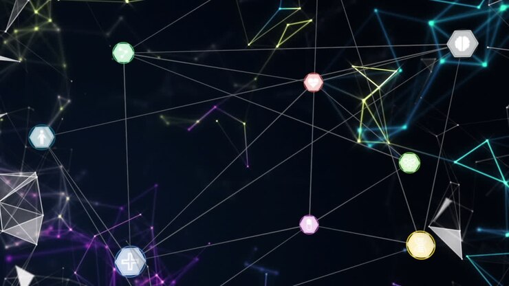 Animation of networks of connections with icons over black background