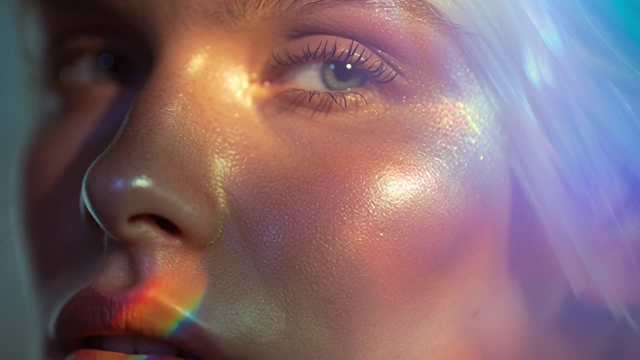 Close-up of a woman's face with colorful light reflections