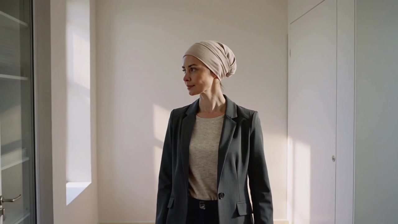 Inquadratura che si allontana da una donna con foulard beige in testa e blazer grigio che osserva una finestra alta e una vetrina.