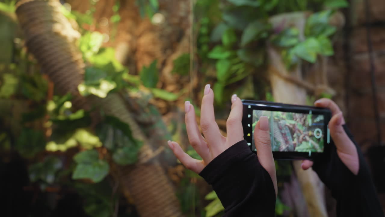 Close-up of woman's hands with acrylic nails holding smartphone in landscape orientation while photographing vibrant indoor greenery through glass in warmly lit natural-themed setting