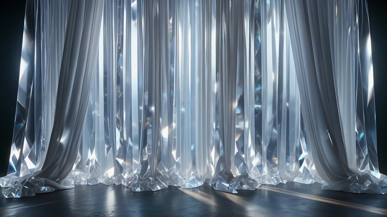 Abstract Shimmering Silver Fabric Curtains Moving in Light