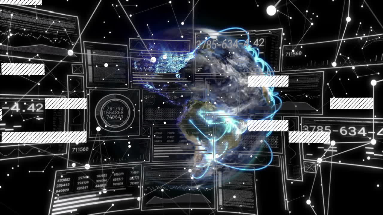 Animation of digital globe with futuristic data interfaces and network connections