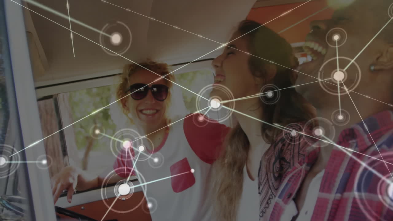 Laughing friends in car with animated network connections overlay, enjoying ride