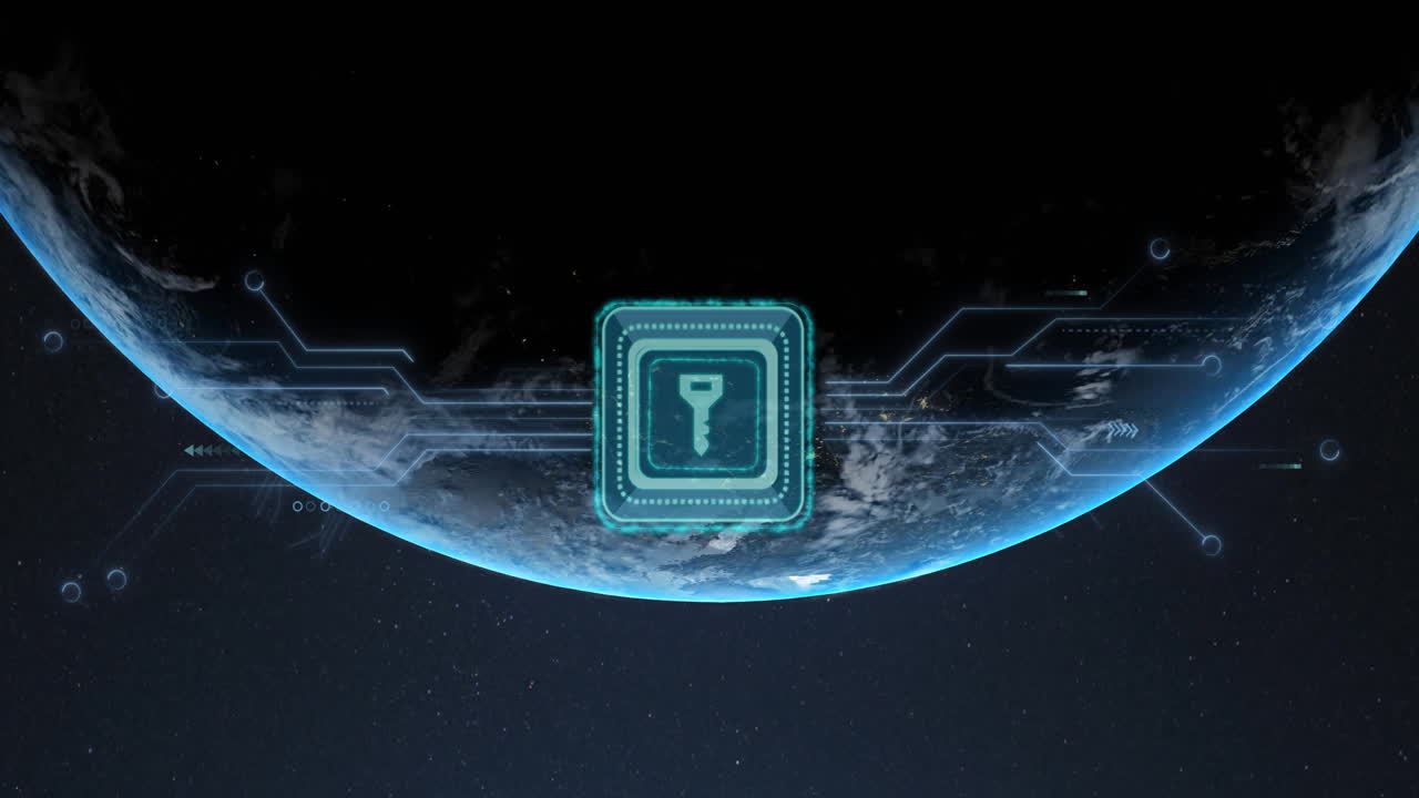 Animation of circuit board and connection with key over globe and dark background