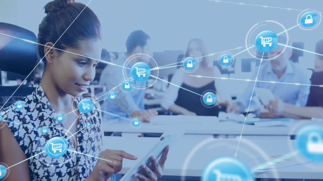 animación de la red de conexiones con iconos de carretilla sobre diversas personas de negocios en la oficina