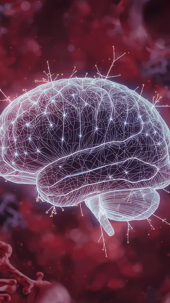 Vertical video: Rotating 3D brain reacting to camera zoom, pulsing synapse lights in red field