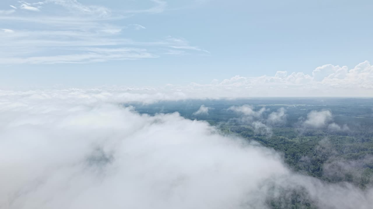 Floating above puffy clouds on a sunny day, bright sky visible beyond the upper layer
