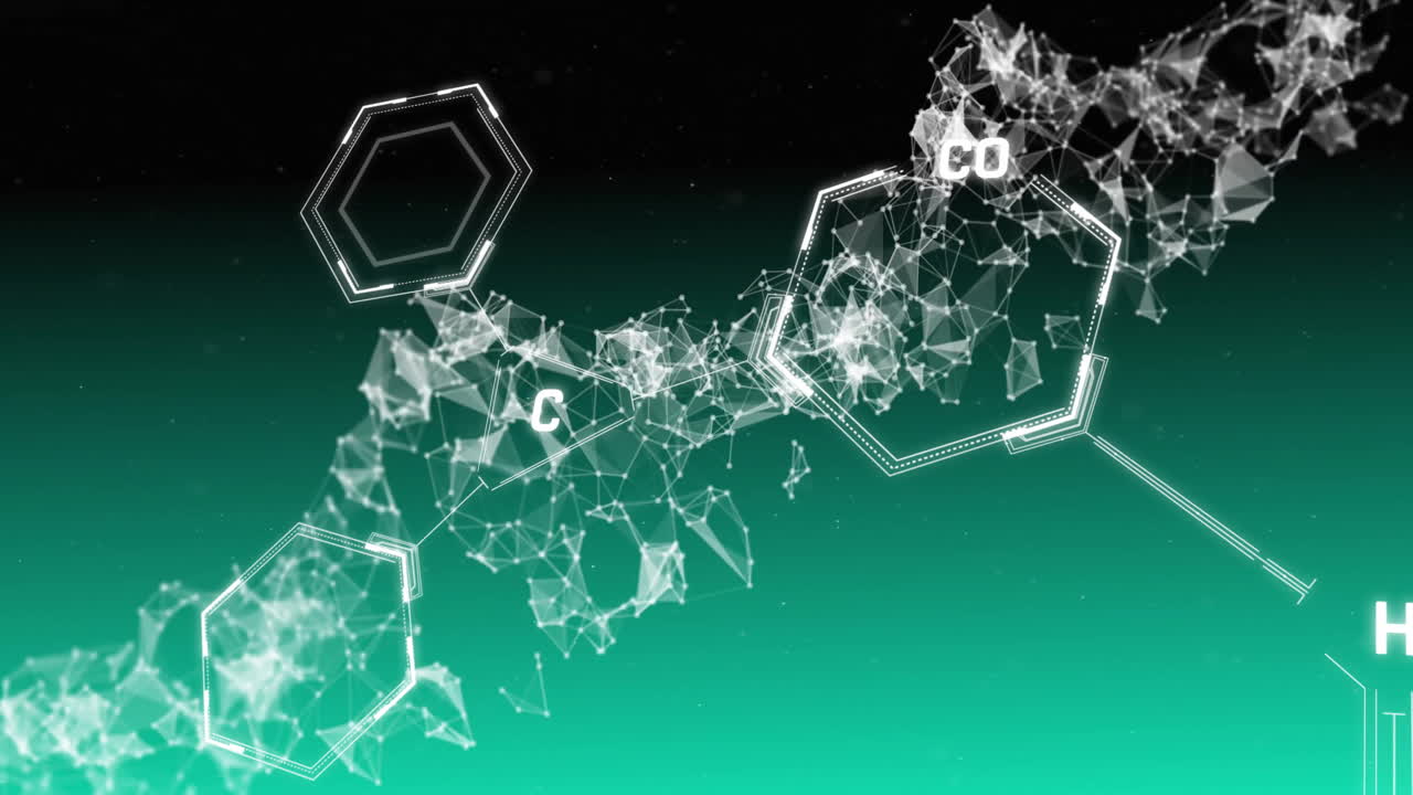 Animation of scientific data processing and dna strand over green background