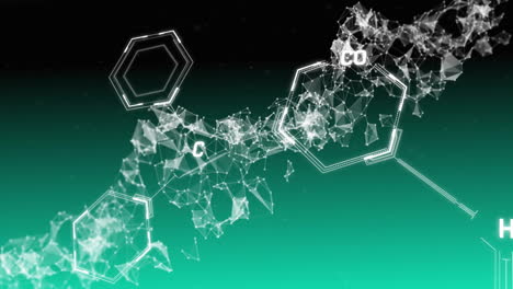 animation of scientific data processing and dna strand over green background
