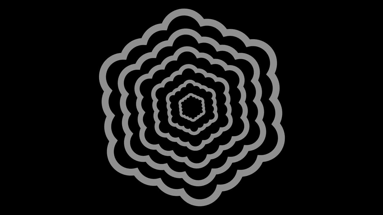 Graphic object in black and white with stroboscopic and hypnotic effect, which rotates clockwise decreasing the size from full screen to disappearing in the center, in 16: 9 video format