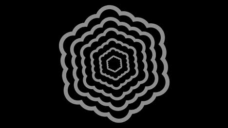 objeto gráfico en blanco y negro con efecto estroboscópico e hipnótico, que gira en el sentido de las agujas del reloj disminuyendo el tamaño de pantalla completa a desaparecer en el centro, en formato de video 16: 9