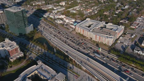 Aerial-view-of-traffic-on-610-South-loop-freeway-in-Houston,-Texas