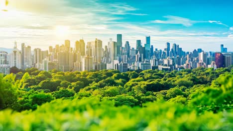 a view of a city skyline through the trees