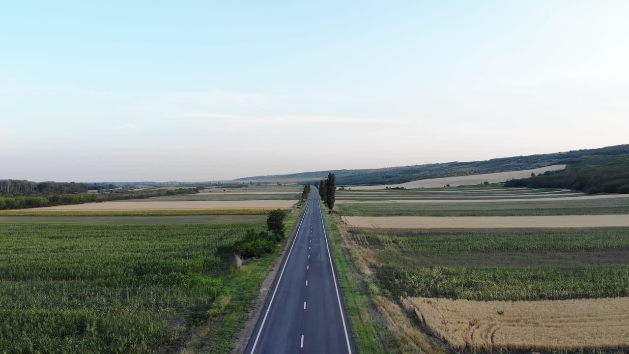 Volare di ritorno su strada asfaltata senza fine attraverso i campi