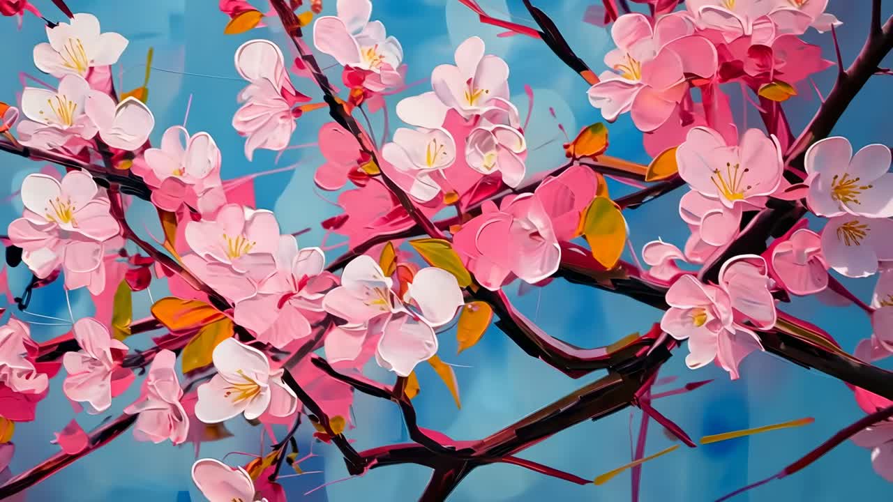 Vibrant close-up video of cherry blossoms against a blue sky, painted in an impressionistic style