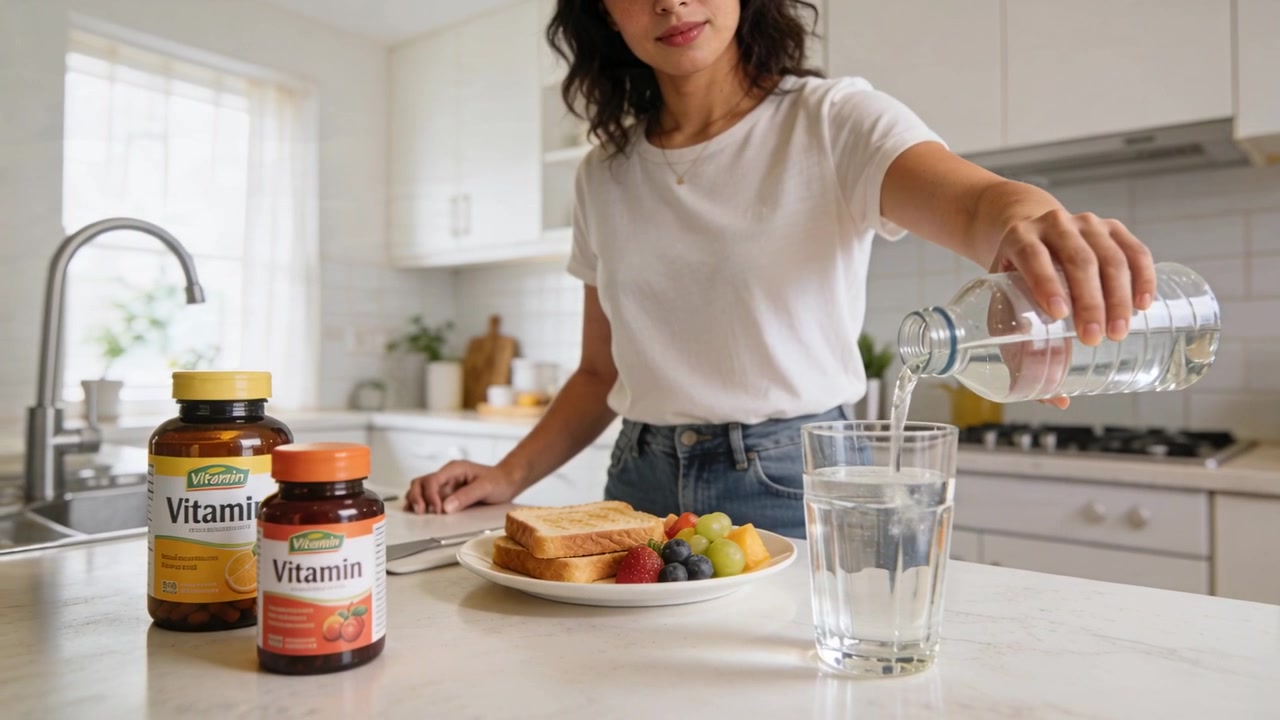 Wanita berkaos mengambil botol, menuangkan air ke dalam gelas di dapur rumah untuk sarapan dengan vitamin.