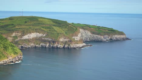 The-hills-and-coastline-of-Santa-Iria-filmed-from-the-Miradouro-de-Santa-Iria-lookout-in-San-Miguel-Island,-The-Azores,-Portugal