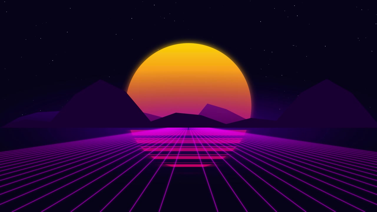 Retro Synthwave Style Landscape with Glowing Sun and Grid