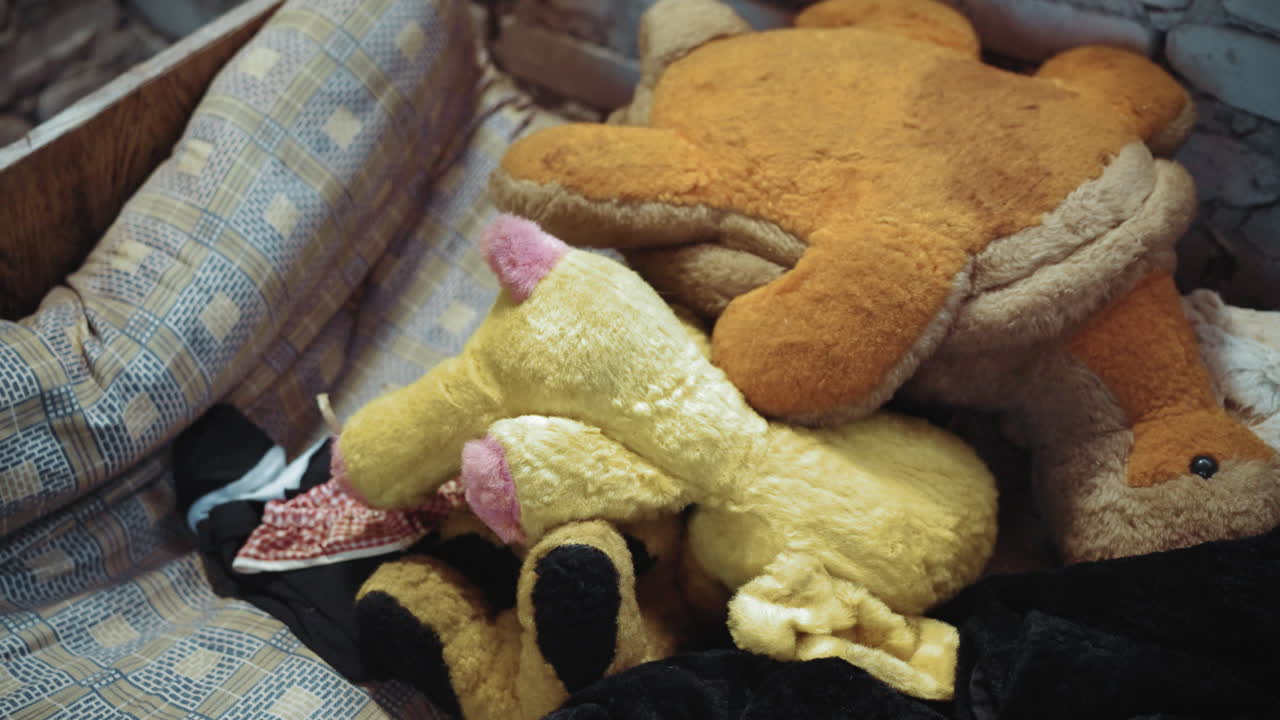Close up of teddy bears lying on patterned mattress inside dimly lit room, showing soft textures of plush toys with worn fabric, symbolizing comfort and childhood memories
