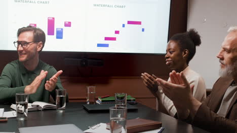 Business Team Applauds During a Presentation with Waterfall Charts