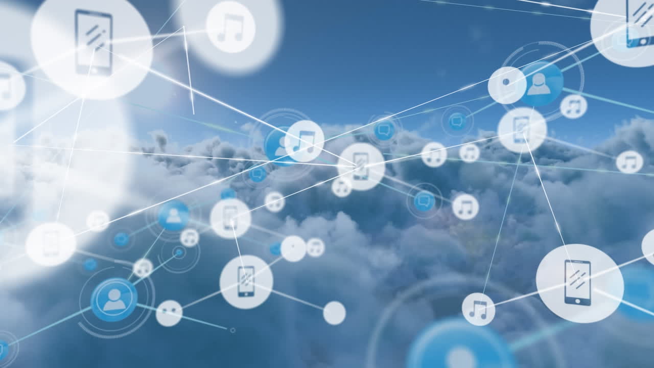 클라우드 상의 디지털 아이콘으로 연결 네트워크의 애니메이션